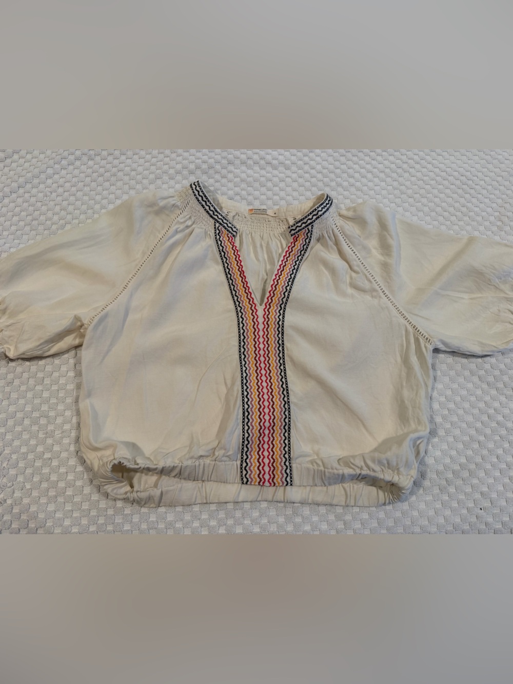 Marine Layer Cream Embroidered Boho Blouse with Multicolor Chevron Placket SizeM